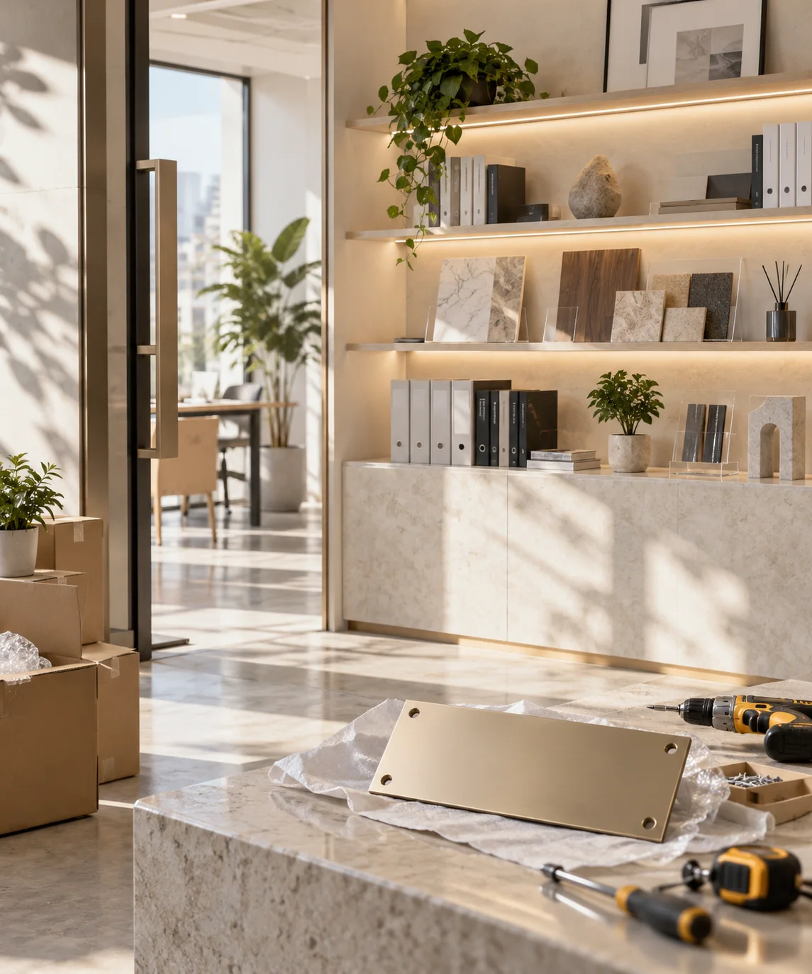 新工作室的样品展示墙刚布置好，未安装的空白门牌与工具放在前景，表达搬迁更新