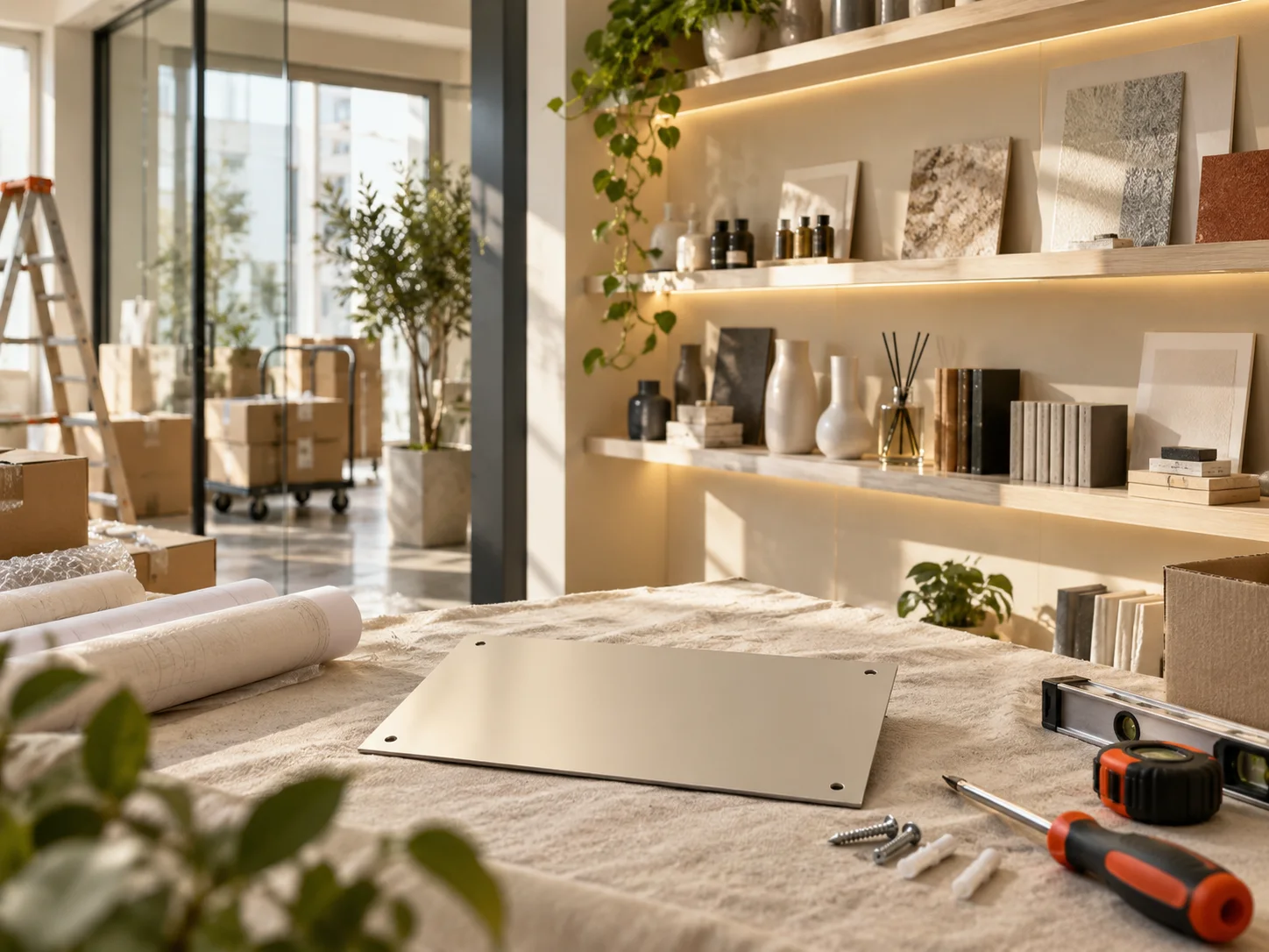 新工作室的样品展示墙刚布置好，未安装的空白门牌与工具放在前景，表达搬迁更新