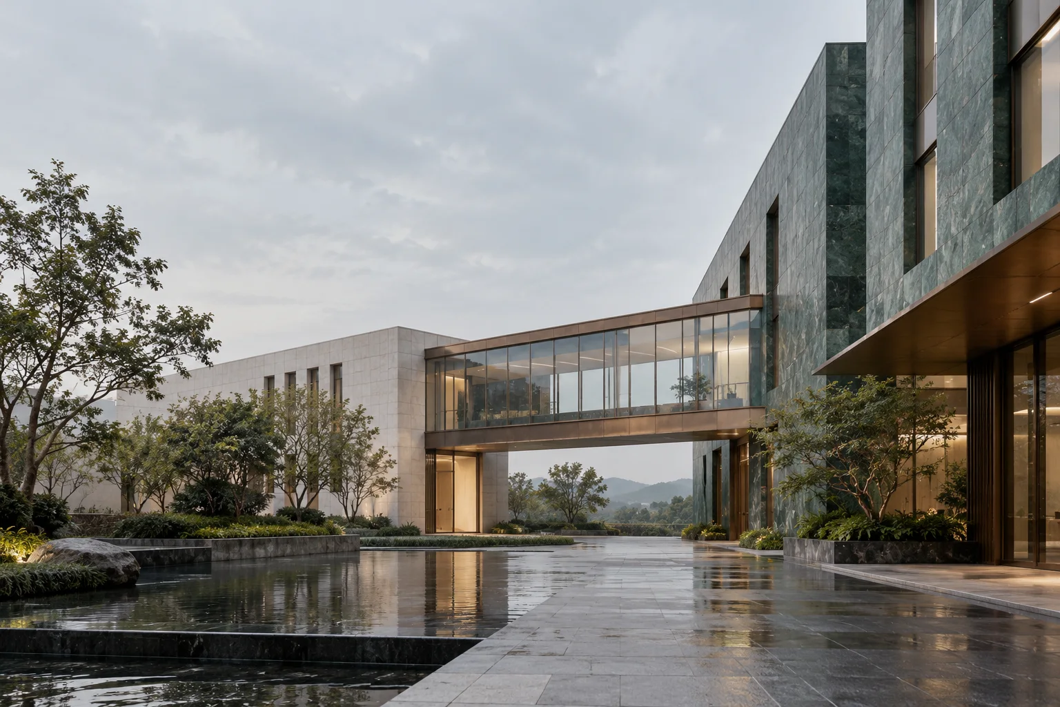 两翼不同材质的建筑通过通透廊桥相连，体量真实克制，以空间关系表达调整与协同
