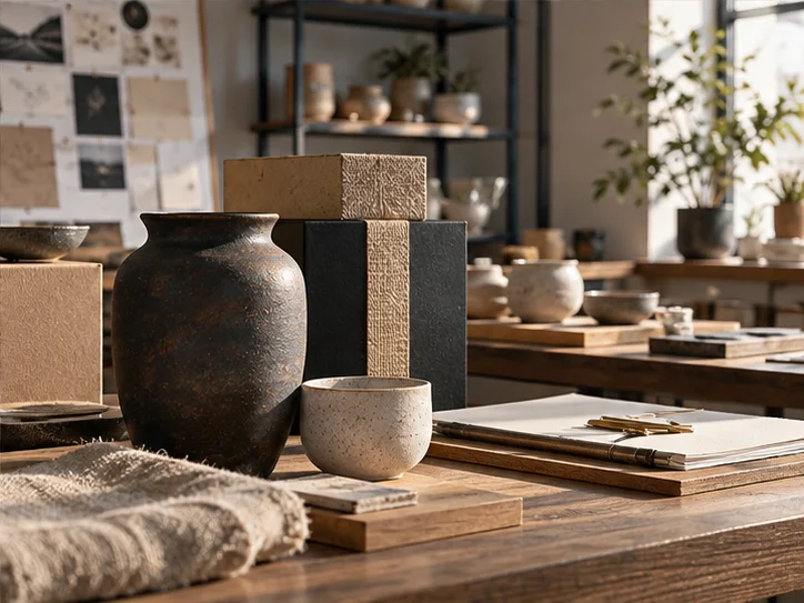 产品设计工作室的陶瓷和包装样品,旁边只有少量业务记录,账务支持产品经营的关系明确