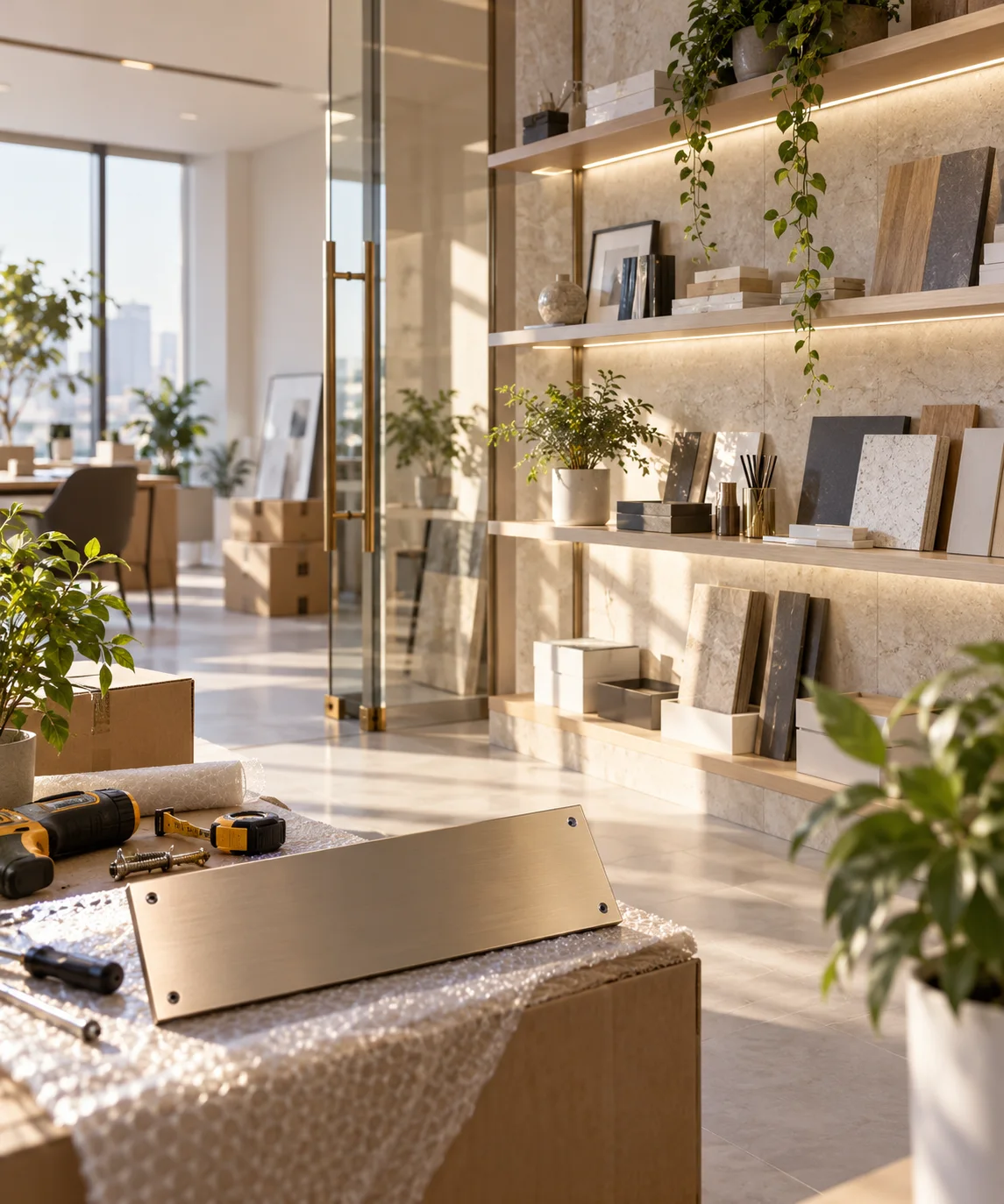 新工作室的样品展示墙刚布置好，未安装的空白门牌与工具放在前景，表达搬迁更新