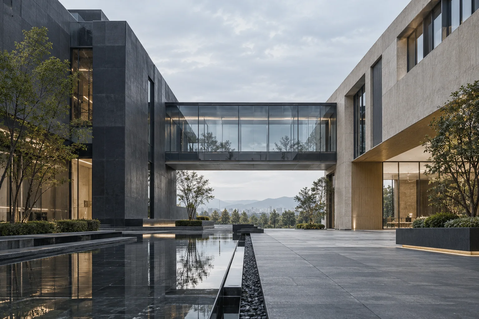 两翼不同材质的建筑通过通透廊桥相连，体量真实克制，以空间关系表达调整与协同