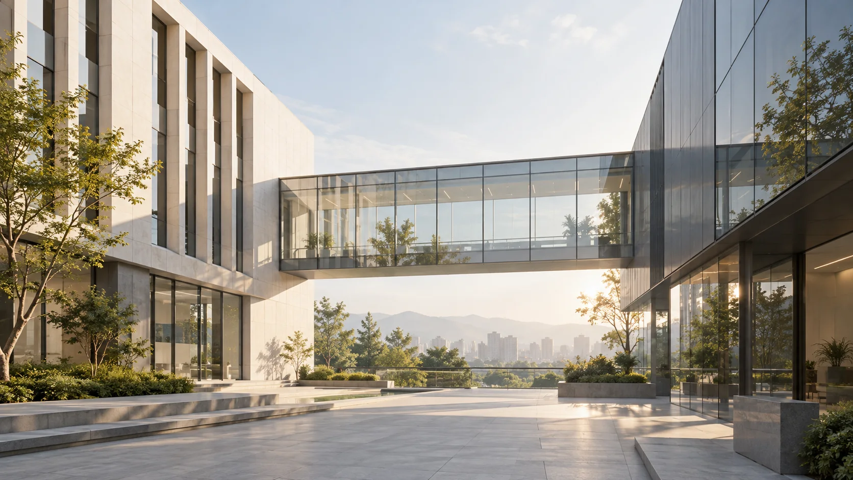 两翼不同材质的建筑通过通透廊桥相连，体量真实克制，以空间关系表达调整与协同