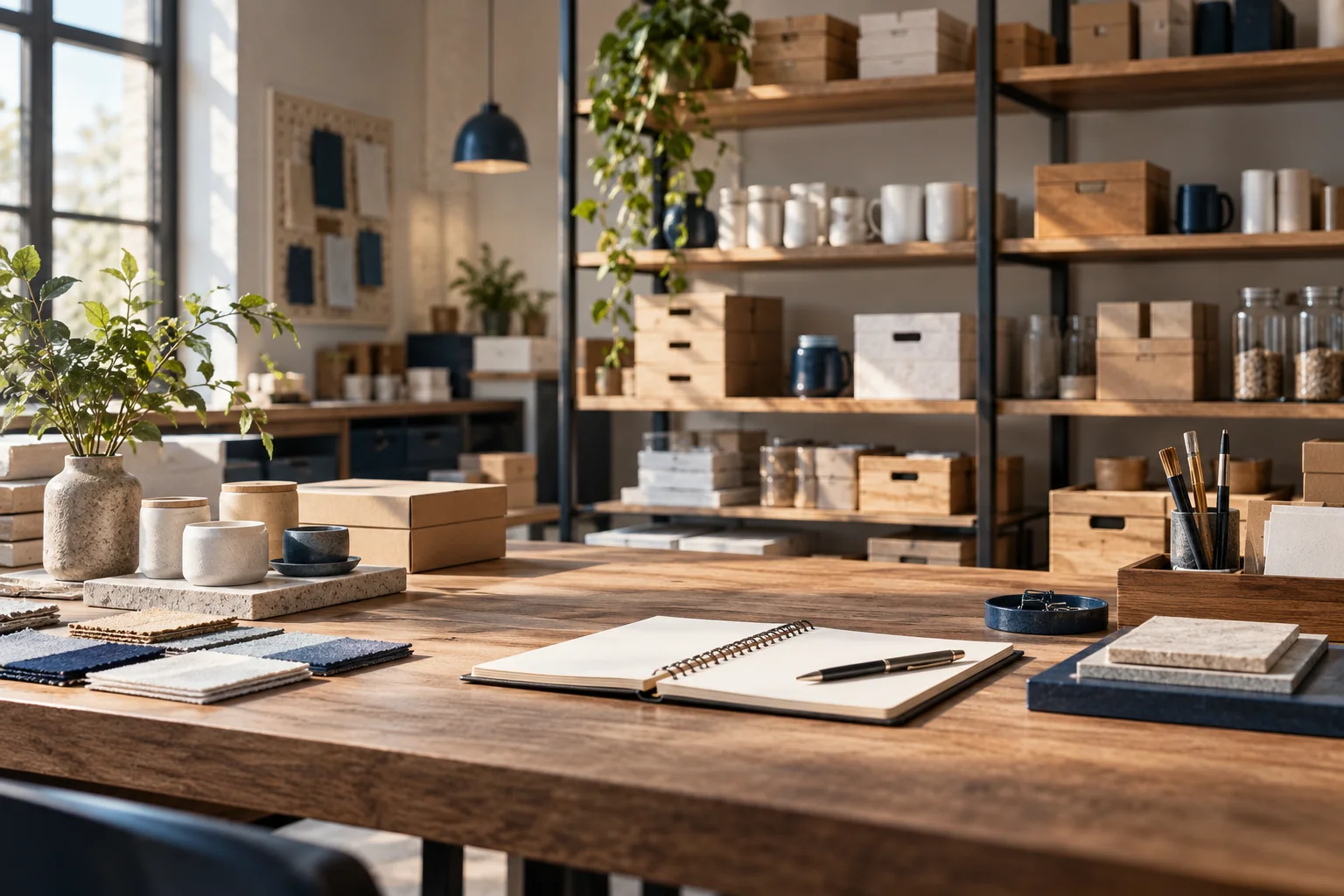 干净的产品样品与分类存储空间，细致的货架、空白资料记录，表现业务条件梳理