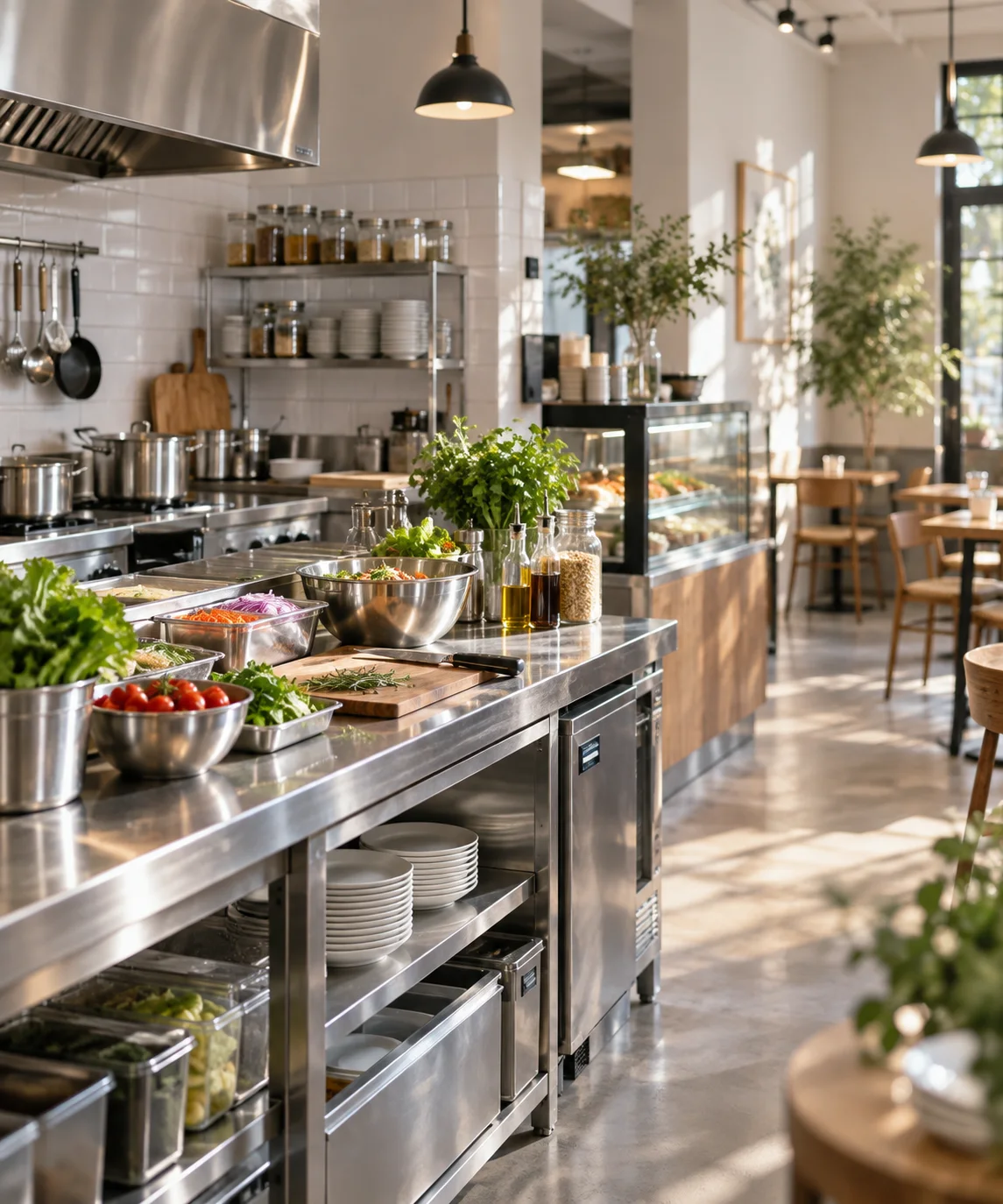 食品经营筹备中的精品轻餐空间,不锈钢操作台、釉面砖、玻璃器皿和清楚的分区