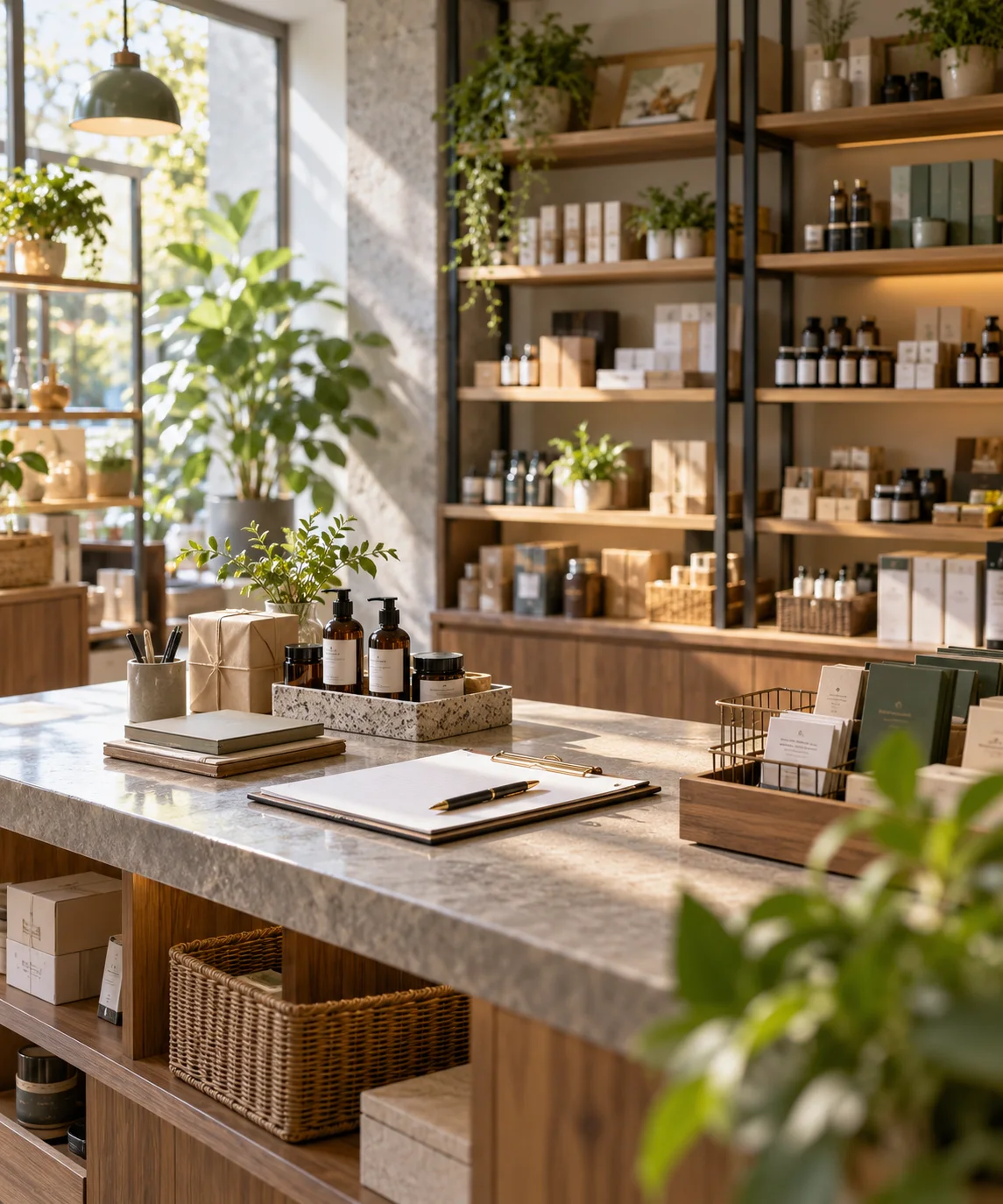 干净的产品样品与分类存储空间，细致的货架、空白资料记录，表现业务条件梳理