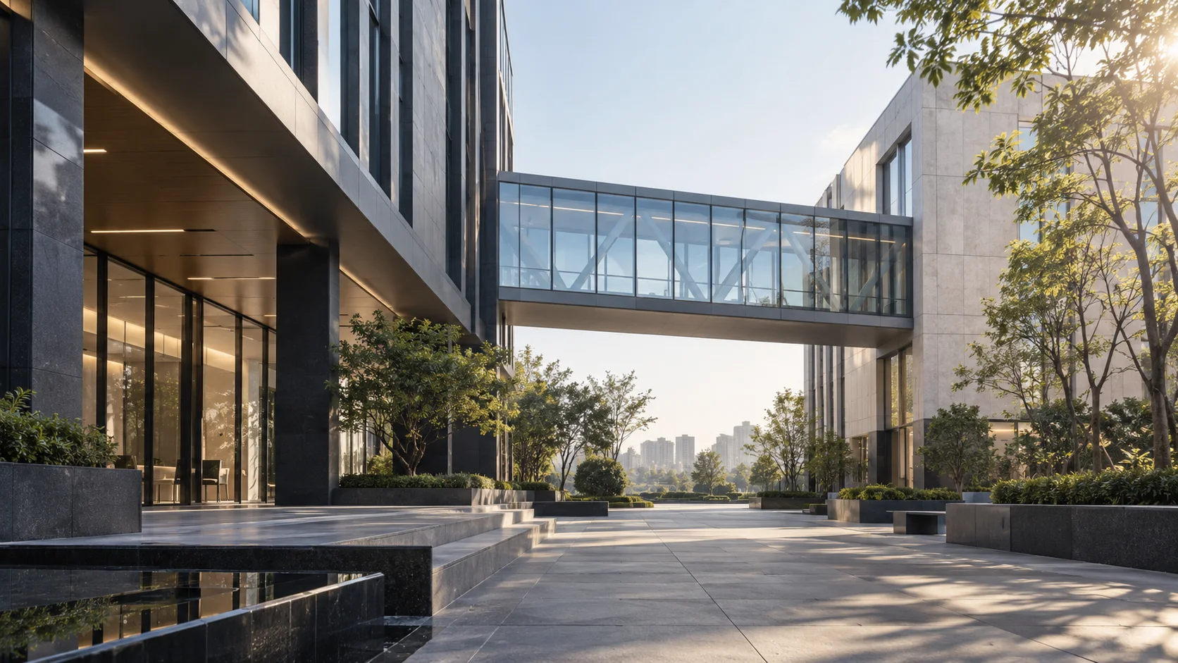 两翼不同材质的建筑通过通透廊桥相连,体量真实克制,以空间关系表达调整与协同
