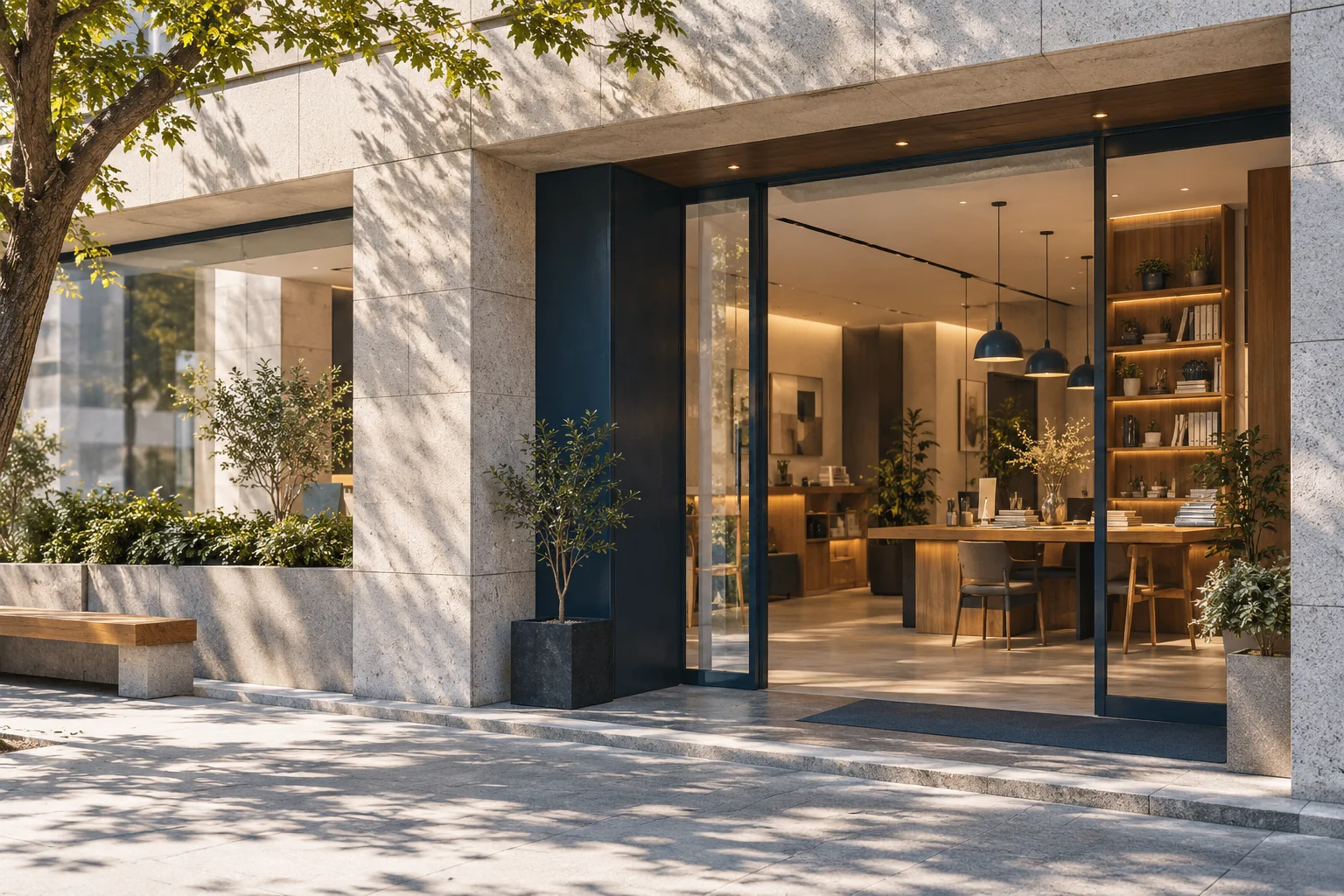 通透的现代街角独立店铺,石材门廊框住温暖的陈列空间,经营日常已从容展开