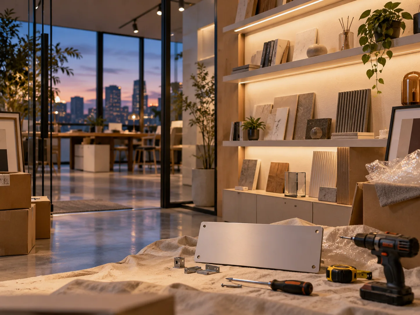 新工作室的样品展示墙刚布置好,未安装的空白门牌与工具放在前景,表达搬迁更新
