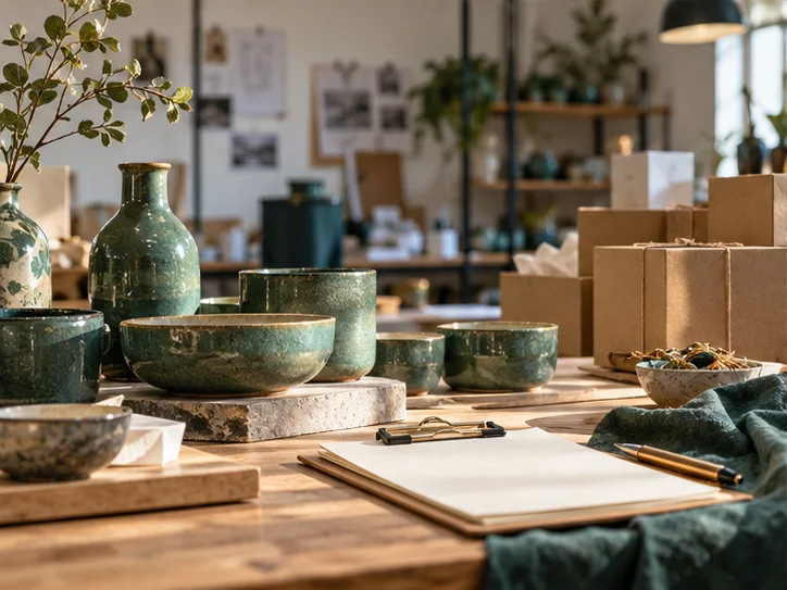 产品设计工作室的陶瓷和包装样品,旁边只有少量业务记录,账务支持产品经营的关系明确