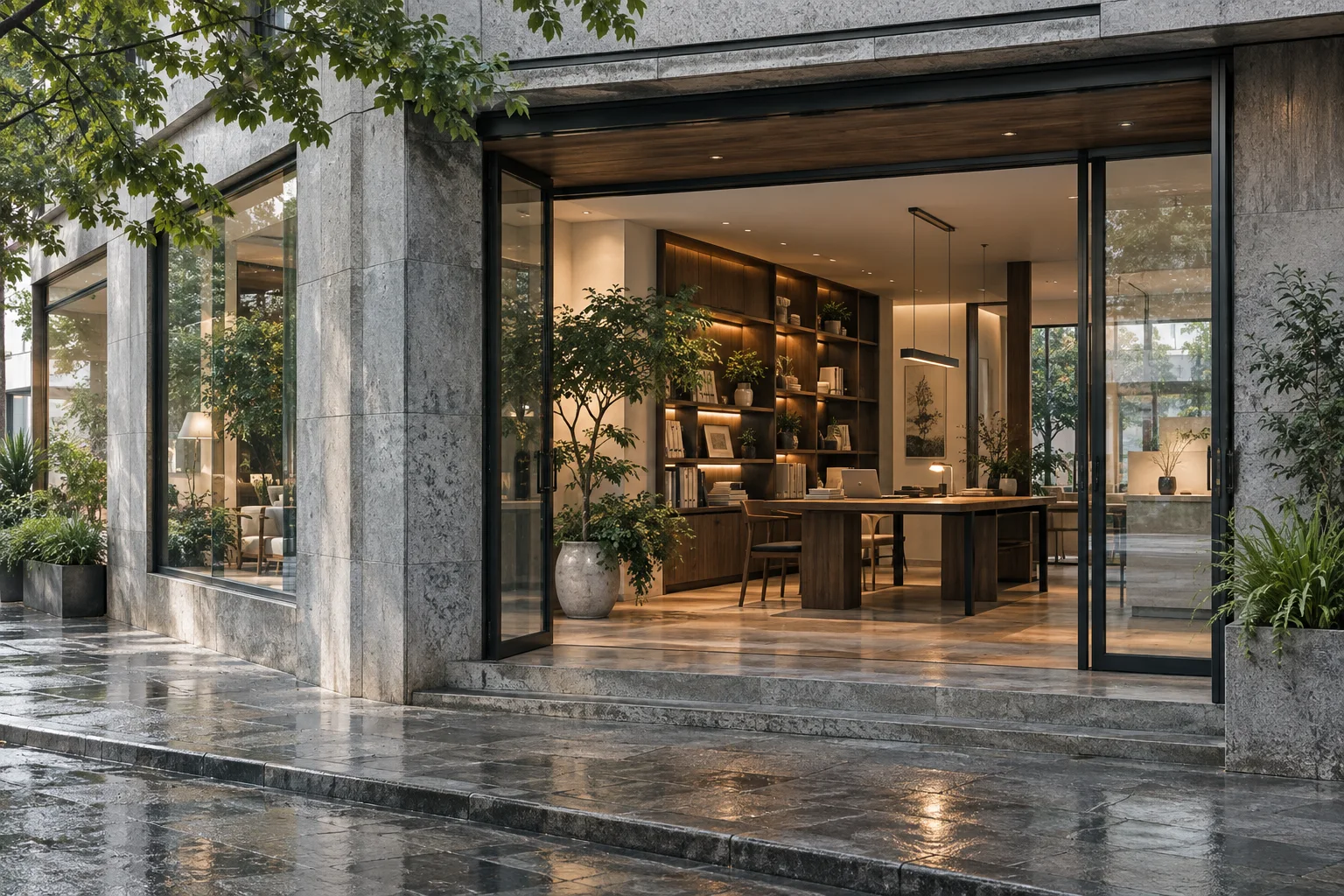 通透的现代街角独立店铺，石材门廊框住温暖的陈列空间，经营日常已从容展开
