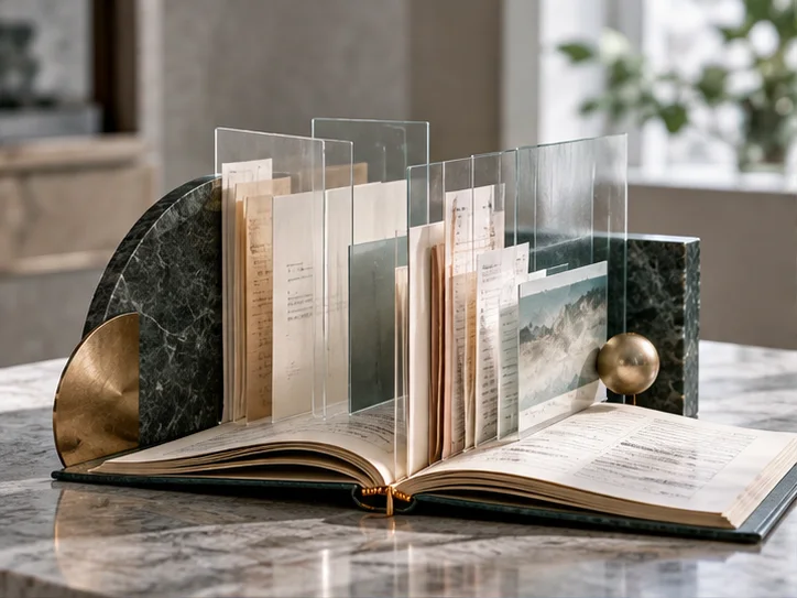 开放的书册和透明隔页被雕塑式布置成一个简洁的经营档案场景,精美但不夸张