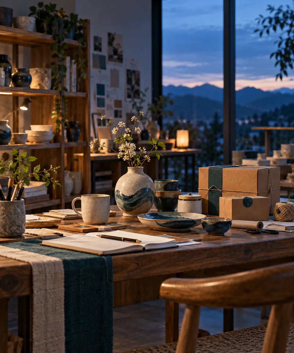 产品设计工作室的陶瓷和包装样品，旁边只有少量业务记录，账务支持产品经营的关系明确