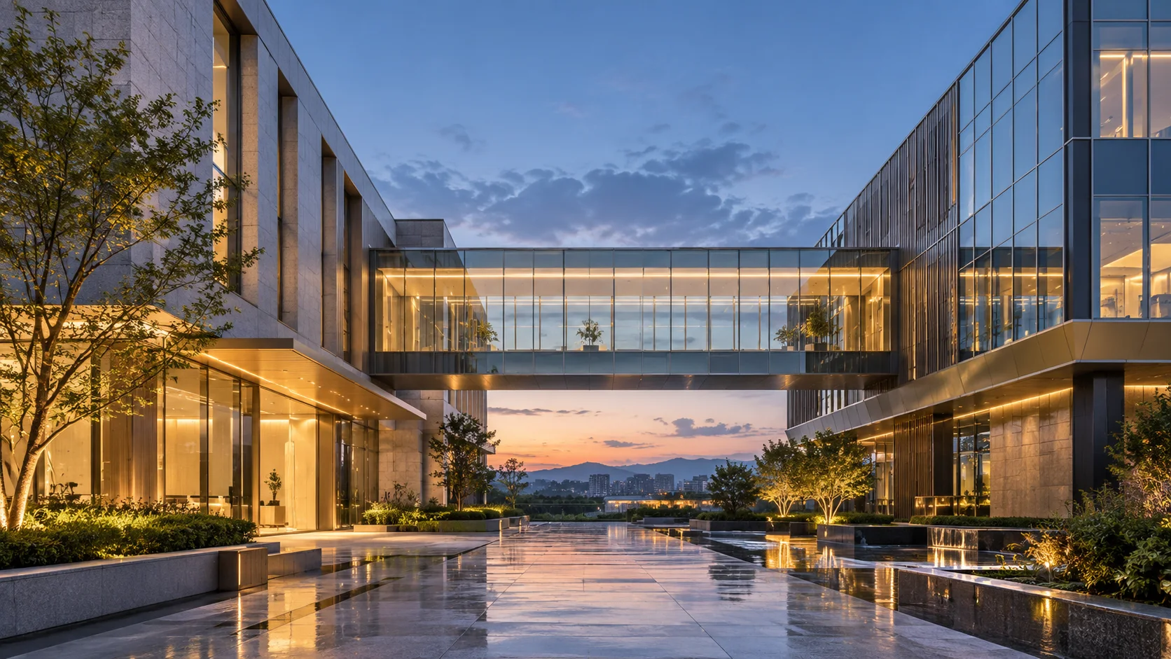 两翼不同材质的建筑通过通透廊桥相连,体量真实克制,以空间关系表达调整与协同