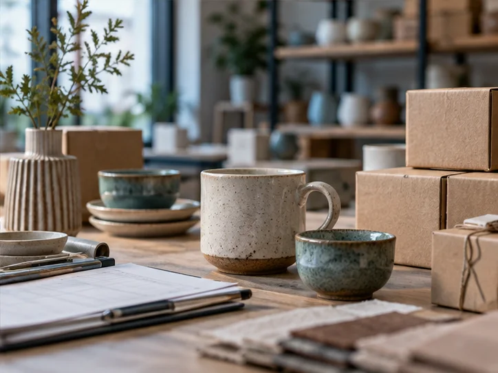 产品设计工作室的陶瓷和包装样品，旁边只有少量业务记录，账务支持产品经营的关系明确