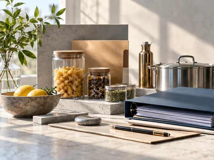一组食品器物、设备材料与资料封套组成精细静物装置，禁止证书印章和获批勾号