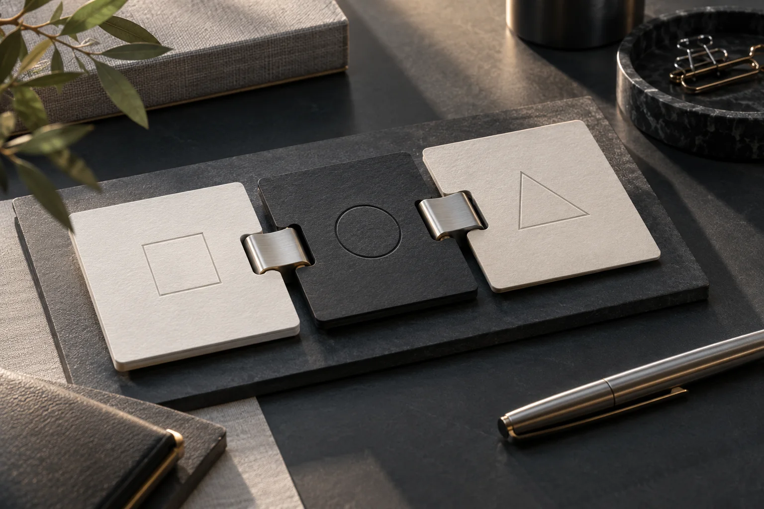 几枚真实金属连接件与纸质结构卡有序嵌合，表达企业关系调整，不画抽象人物图标