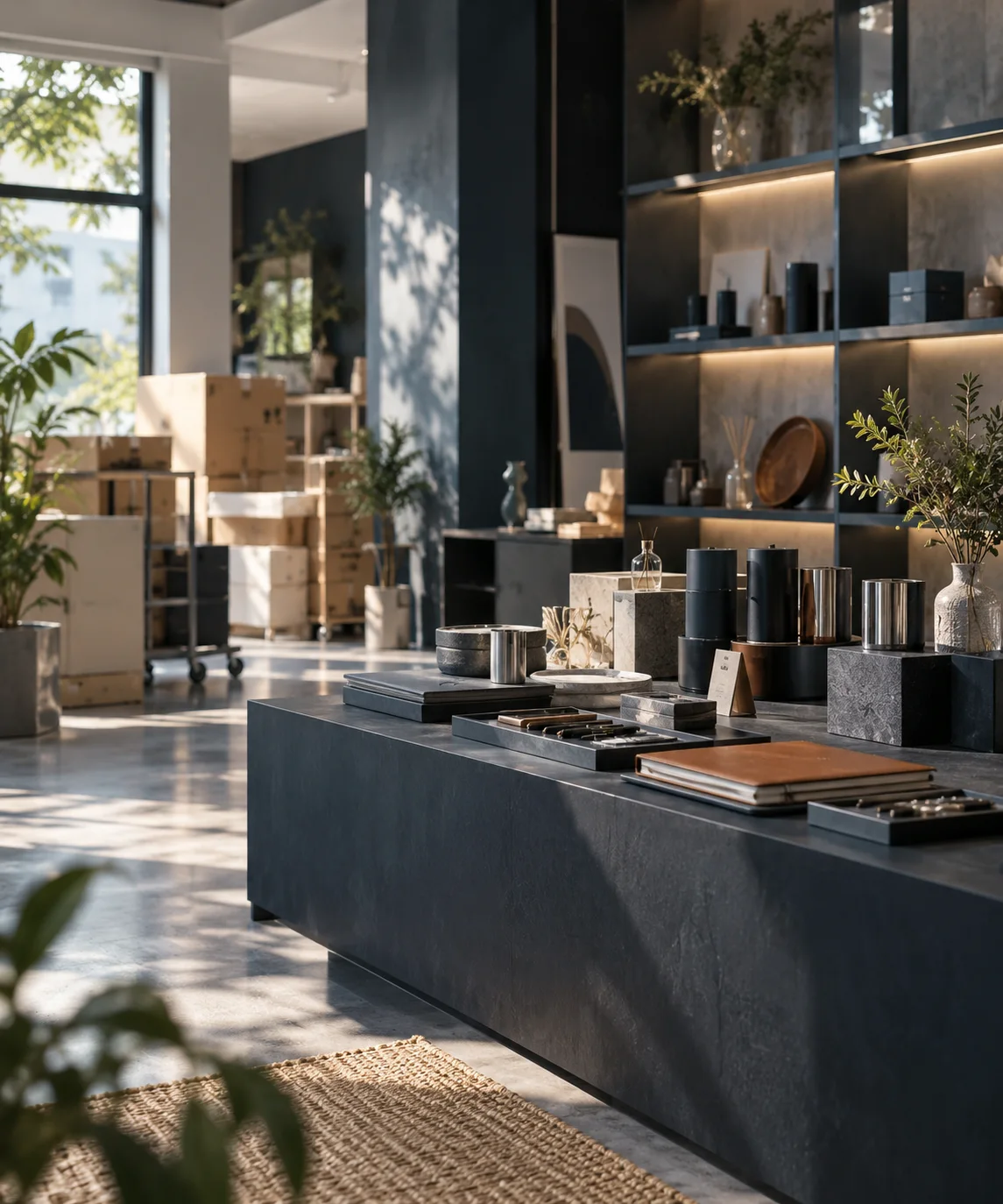 一间有层次的品牌展厅，旧陈列物有序收起，新产品样品已经摆放，表现经营拓展