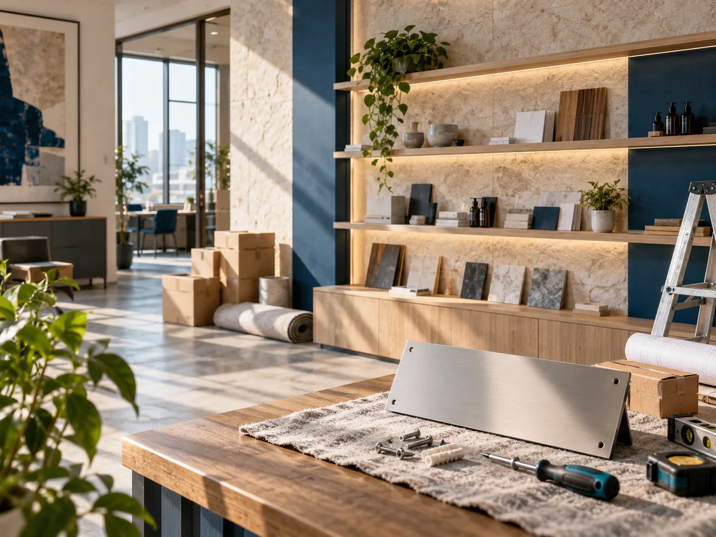 新工作室的样品展示墙刚布置好，未安装的空白门牌与工具放在前景，表达搬迁更新