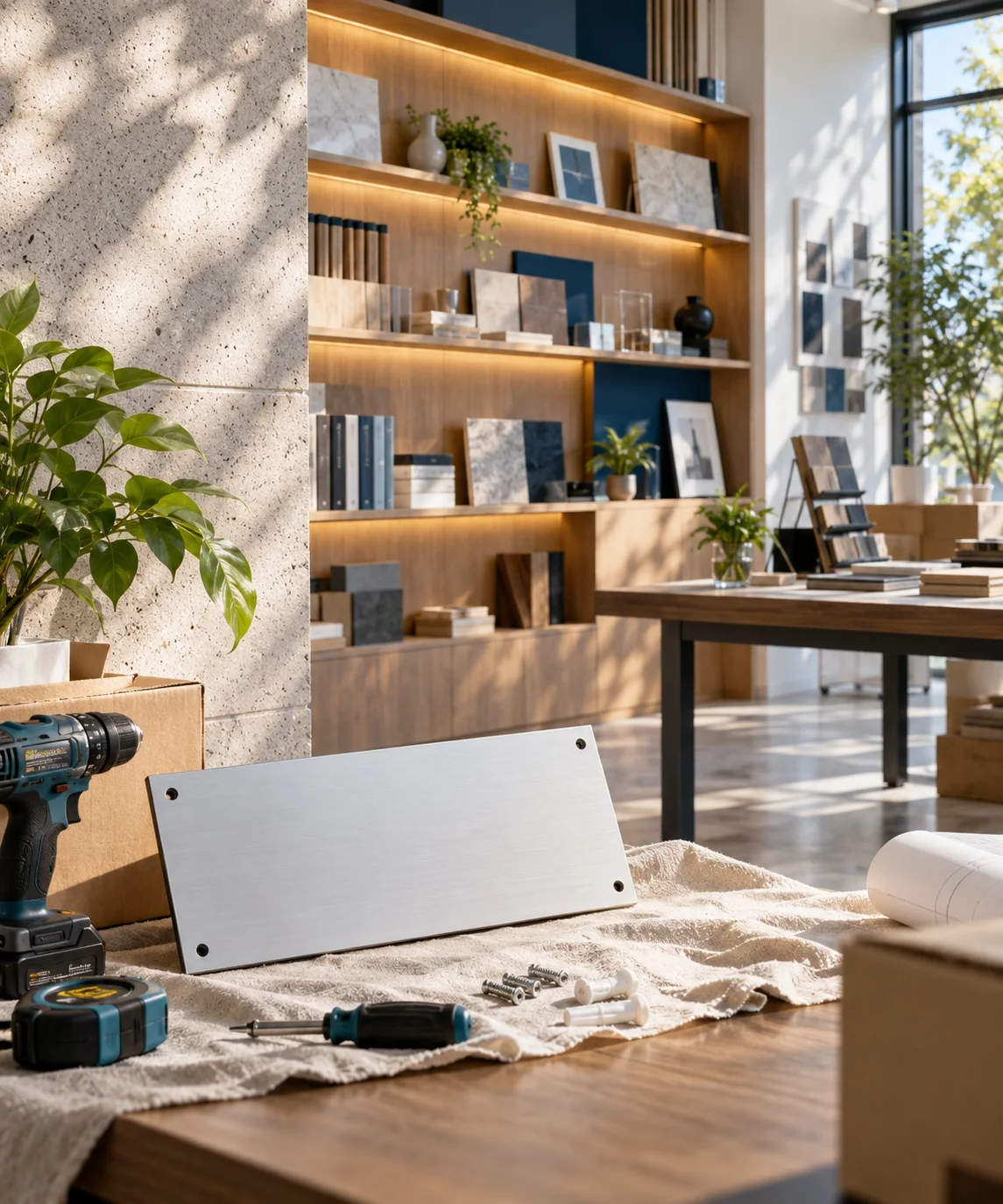 新工作室的样品展示墙刚布置好,未安装的空白门牌与工具放在前景,表达搬迁更新