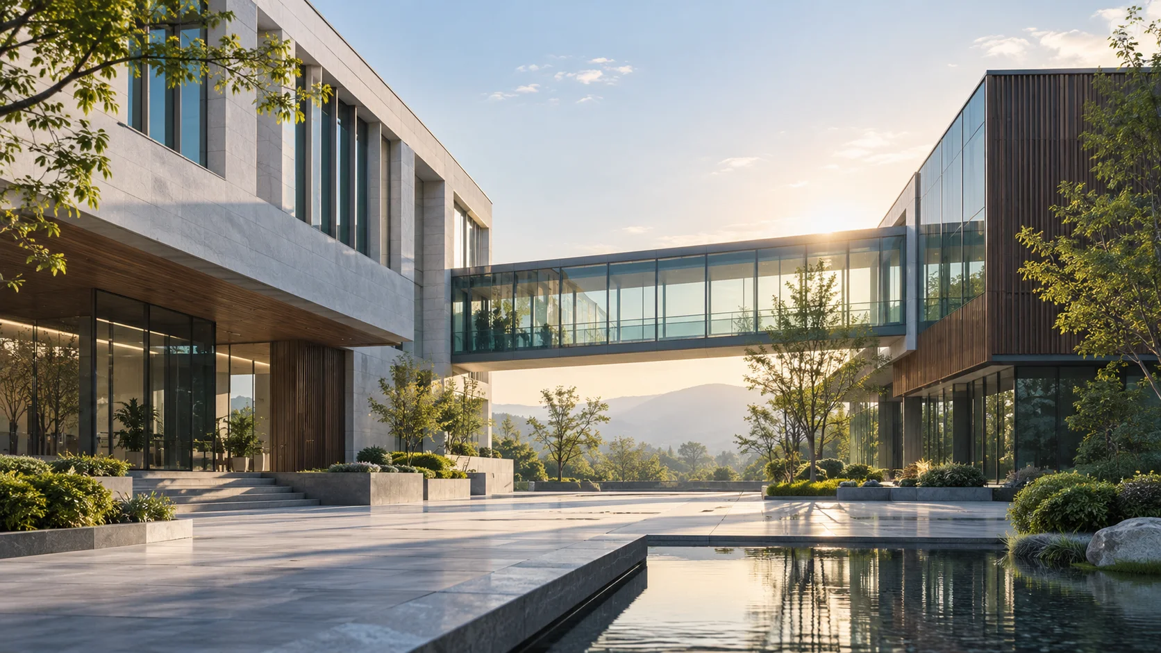 两翼不同材质的建筑通过通透廊桥相连,体量真实克制,以空间关系表达调整与协同