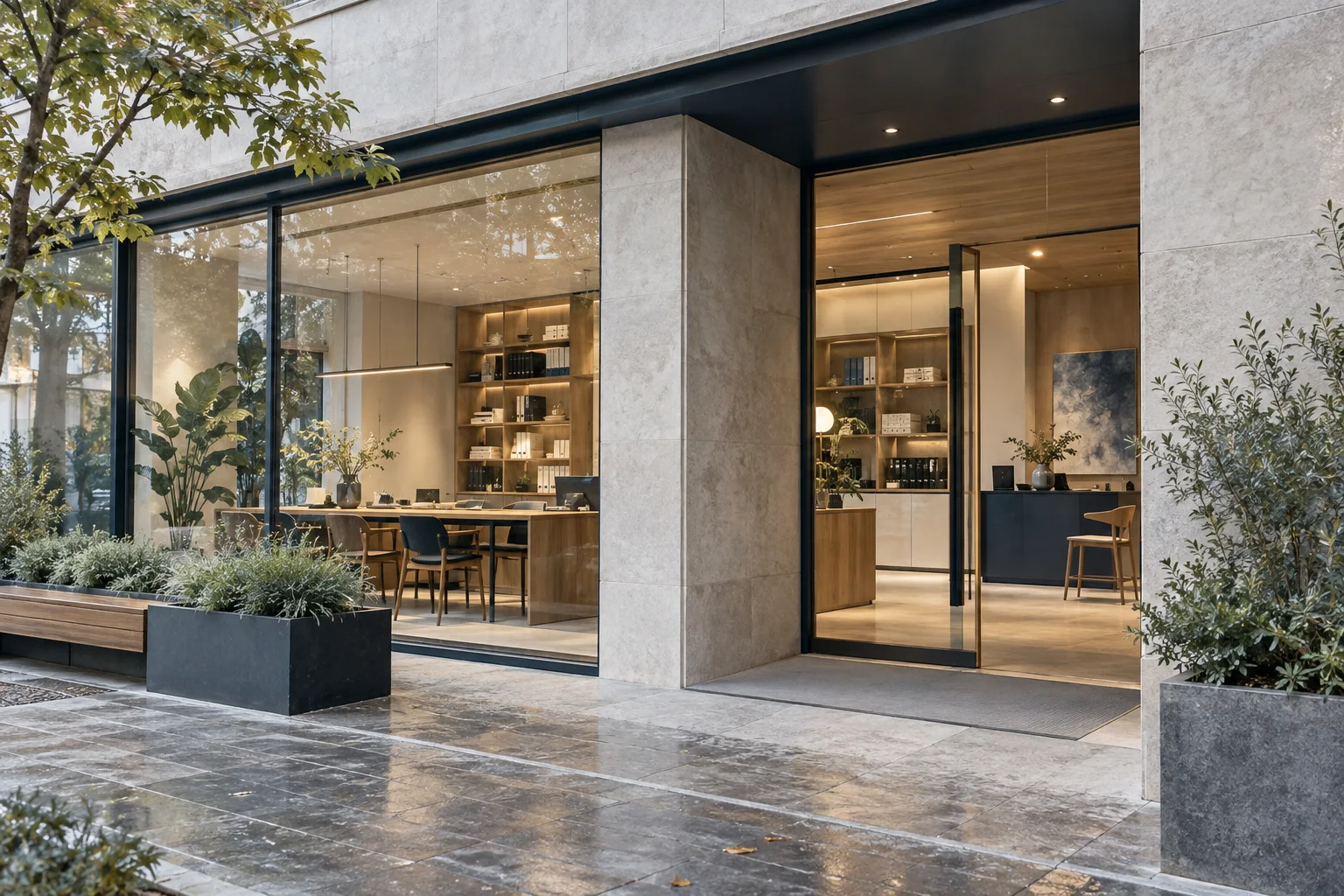 通透的现代街角独立店铺,石材门廊框住温暖的陈列空间,经营日常已从容展开
