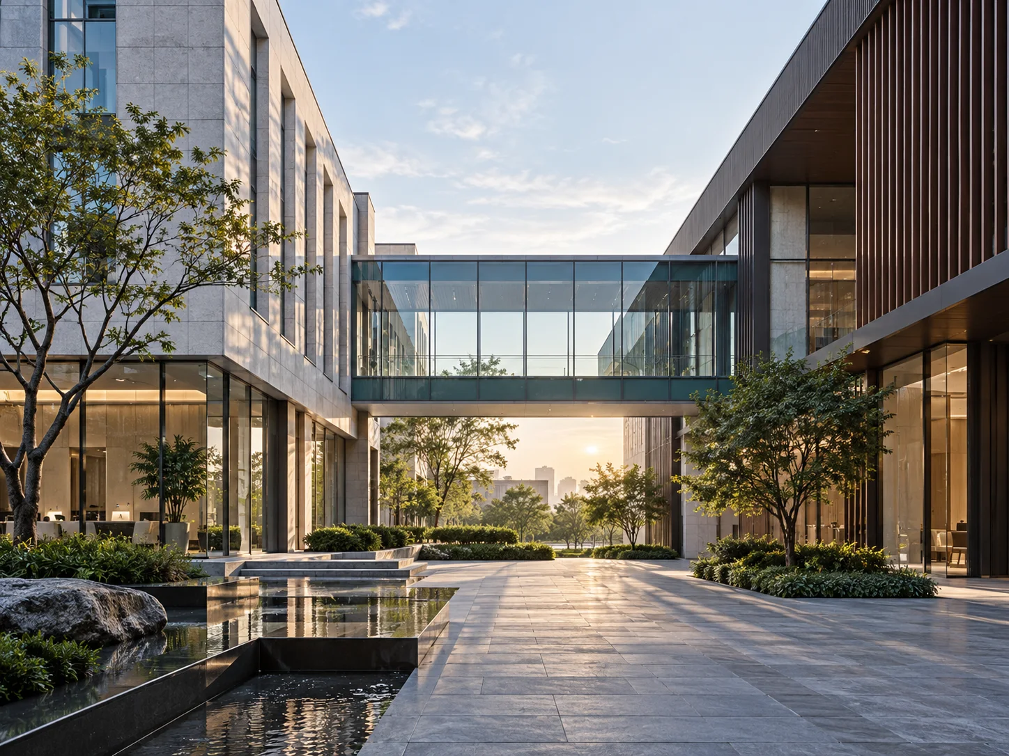 两翼不同材质的建筑通过通透廊桥相连,体量真实克制,以空间关系表达调整与协同