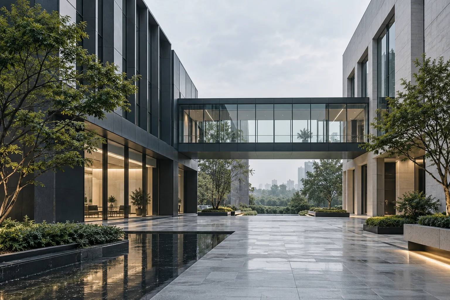 两翼不同材质的建筑通过通透廊桥相连,体量真实克制,以空间关系表达调整与协同