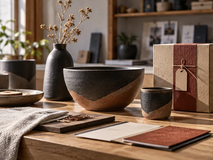 产品设计工作室的陶瓷和包装样品,旁边只有少量业务记录,账务支持产品经营的关系明确
