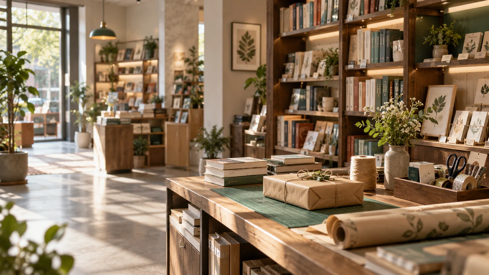 小型图书与文创门店的货架和包装区,书脊无可读文字,表现经营条件准备
