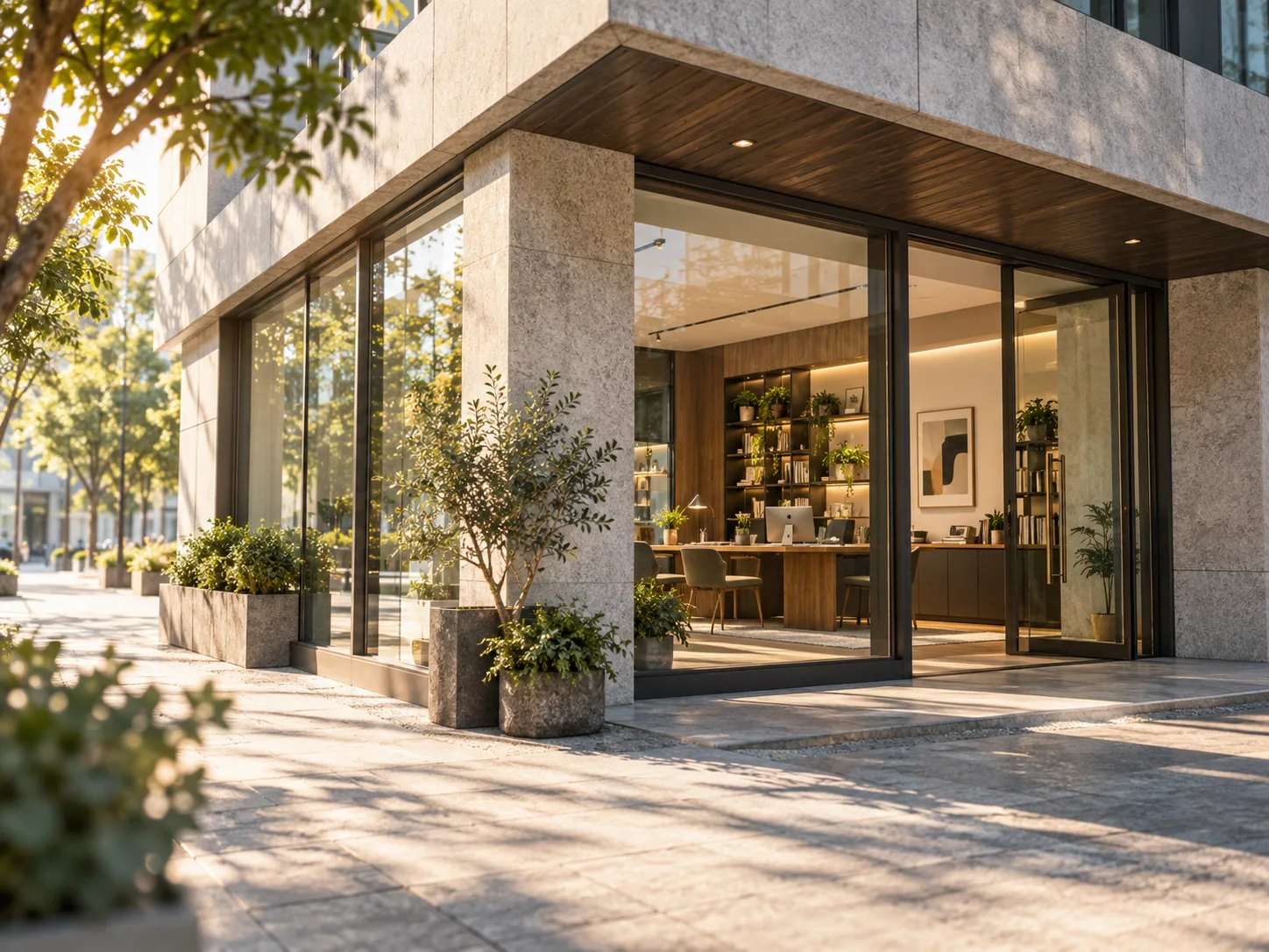 通透的现代街角独立店铺，石材门廊框住温暖的陈列空间，经营日常已从容展开