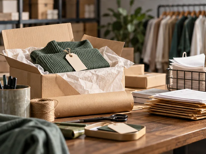 电商样品间里的单件商品、包装纸和待归集订单，选物克制而不拍仓库流水账