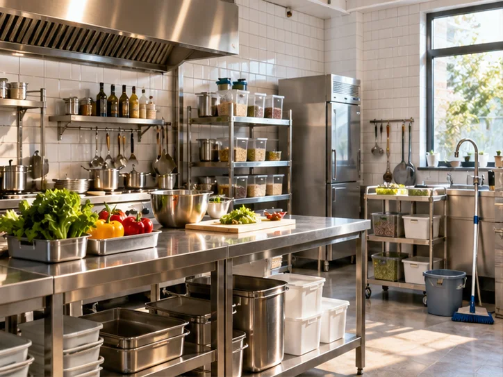 食品经营筹备中的精品轻餐空间，不锈钢操作台、釉面砖、清洁器具和分区储物，画面无人