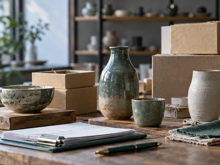 产品设计工作室的陶瓷和包装样品，旁边只有少量业务记录，账务支持产品经营的关系明确