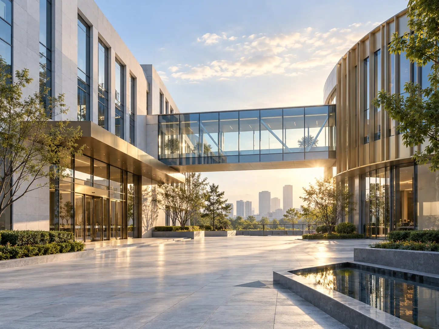 两翼不同材质的建筑通过通透廊桥相连，体量真实克制，以空间关系表达调整与协同