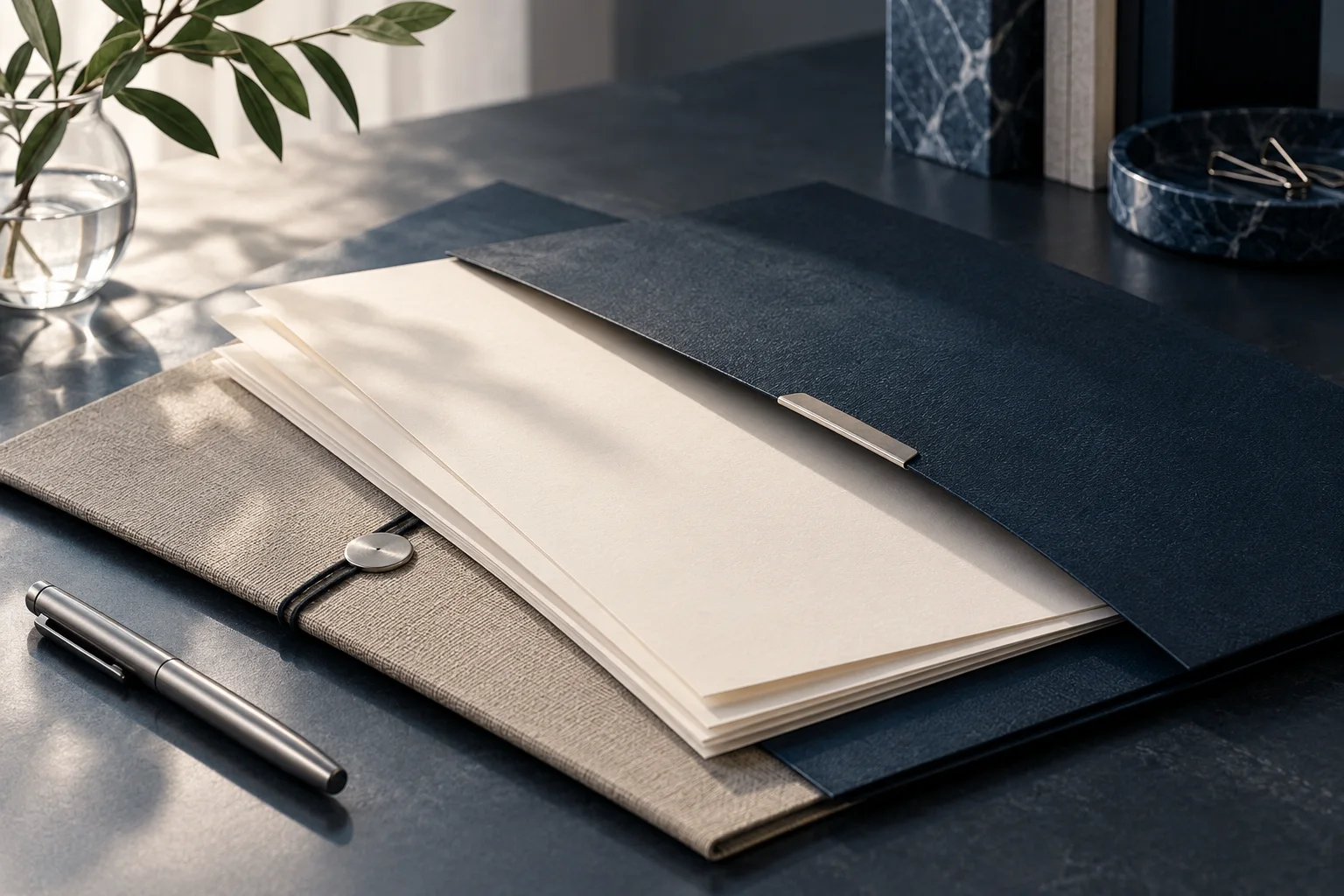 企业资料的无字纸页与两种质感的封套在同一画面自然交叠,体现资料同步