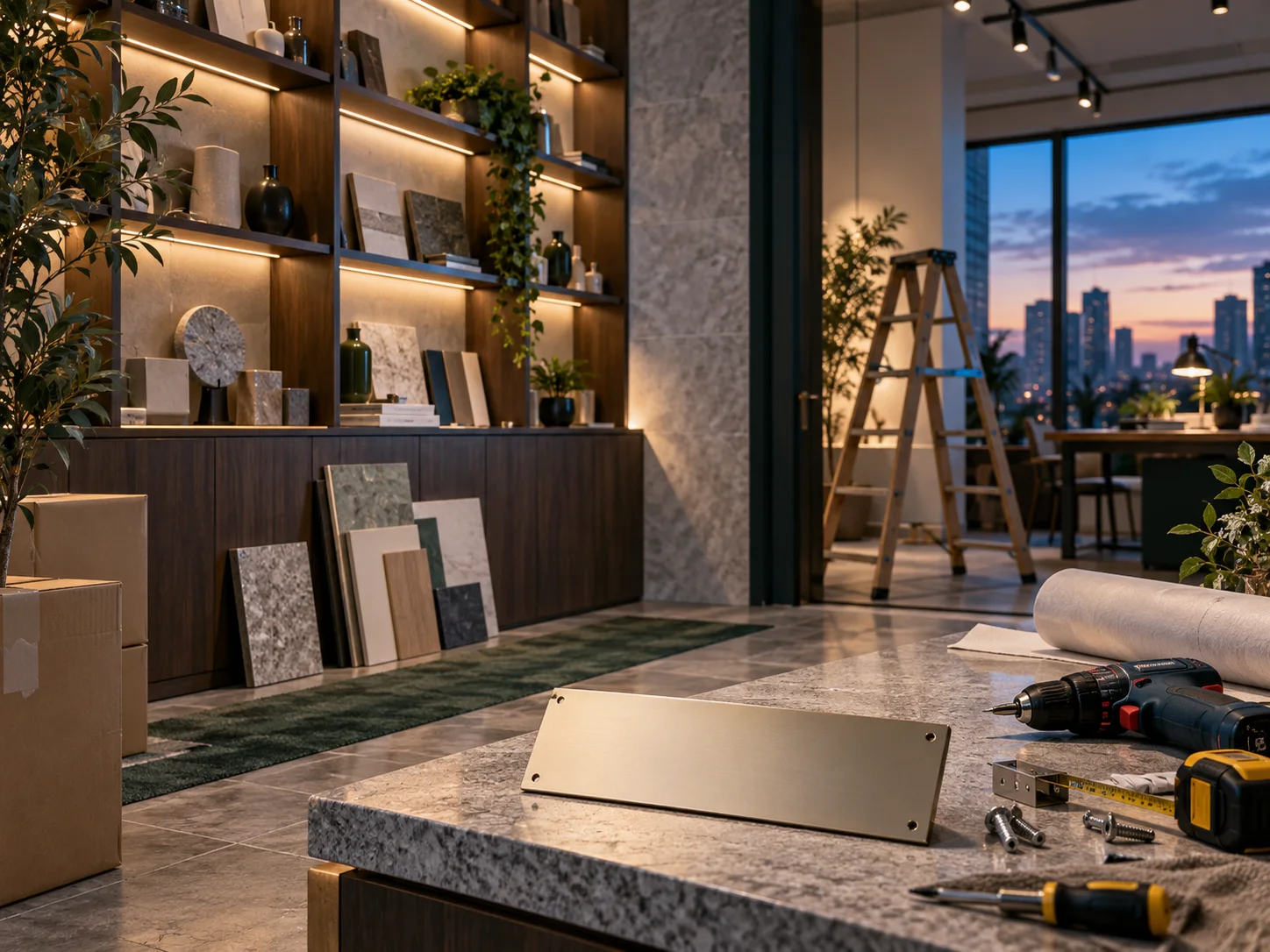 新工作室的样品展示墙刚布置好，未安装的空白门牌与工具放在前景，表达搬迁更新