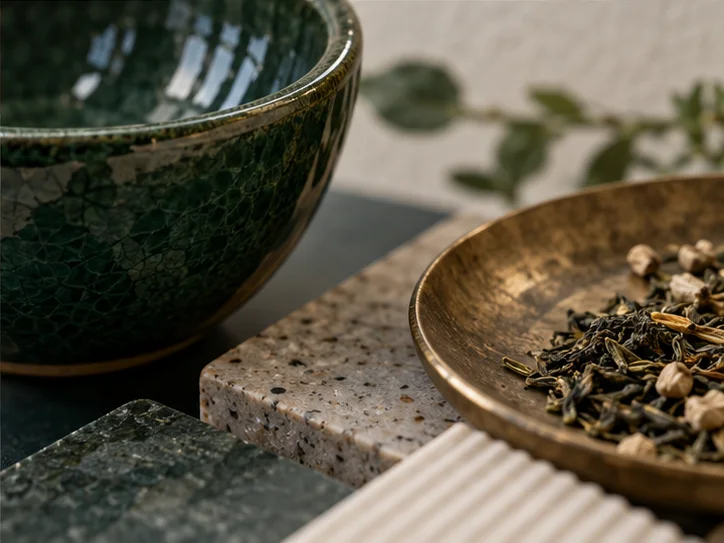 真实材质样块与准备资料边缘的局部，强调不同业务需要不同条件
