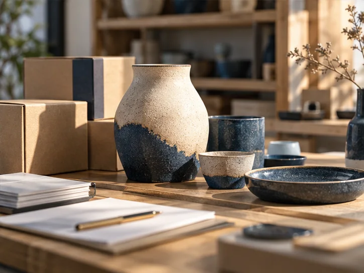 产品设计工作室的陶瓷和包装样品，旁边只有少量业务记录，账务支持产品经营的关系明确