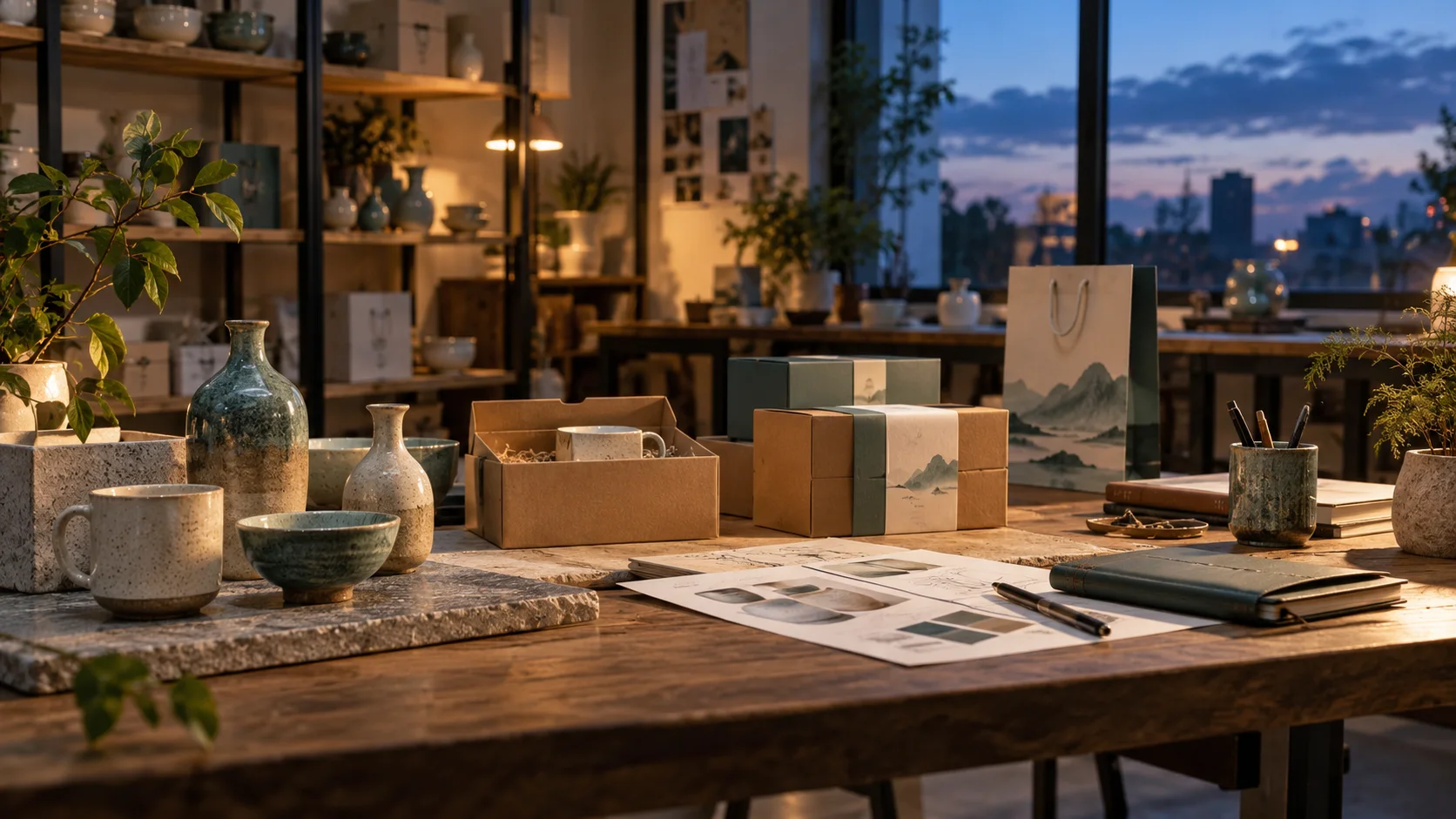 产品设计工作室的陶瓷和包装样品,旁边只有少量业务记录,账务支持产品经营的关系明确