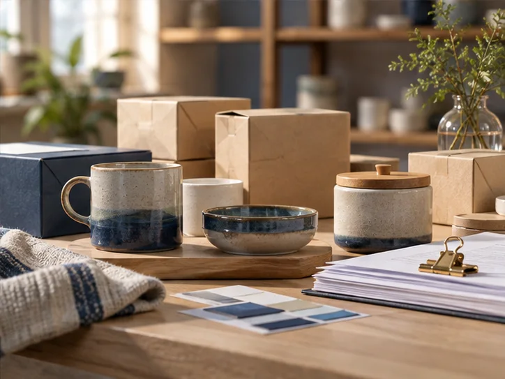 产品设计工作室的陶瓷和包装样品，旁边只有少量业务记录，账务支持产品经营的关系明确