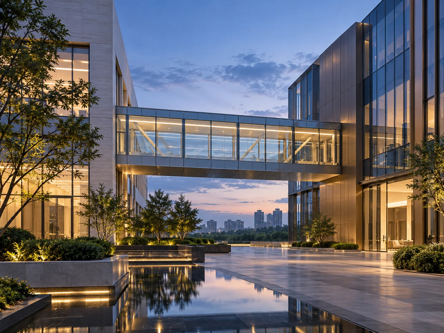 两翼不同材质的建筑通过通透廊桥相连,体量真实克制,以空间关系表达调整与协同