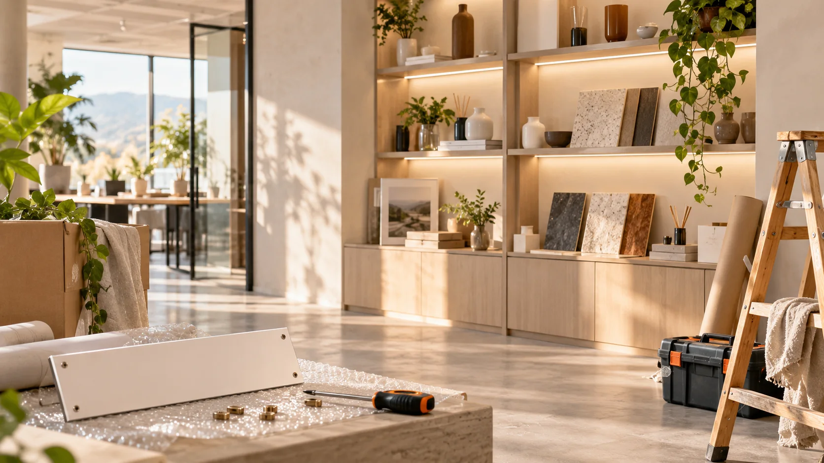 新工作室的样品展示墙刚布置好,未安装的空白门牌与工具放在前景,表达搬迁更新