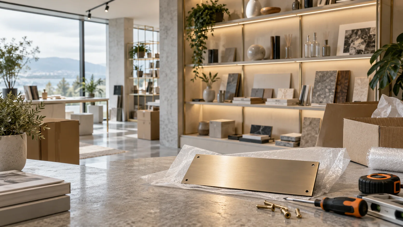 新工作室的样品展示墙刚布置好,未安装的空白门牌与工具放在前景,表达搬迁更新