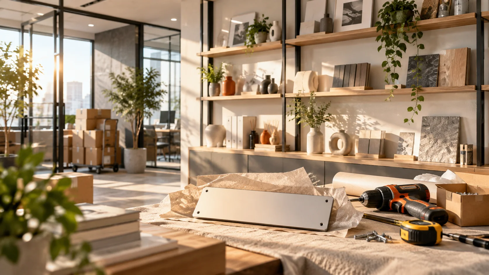 新工作室的样品展示墙刚布置好,未安装的空白门牌与工具放在前景,表达搬迁更新