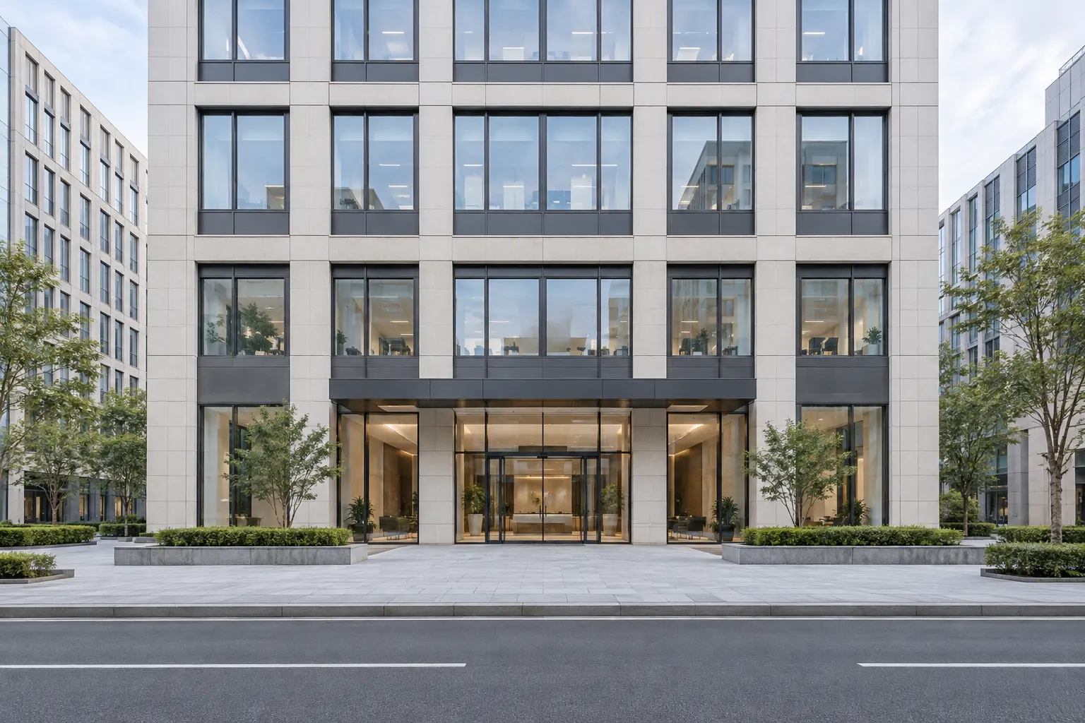匿名办公建筑外观，用于地址资料核对的场景示意