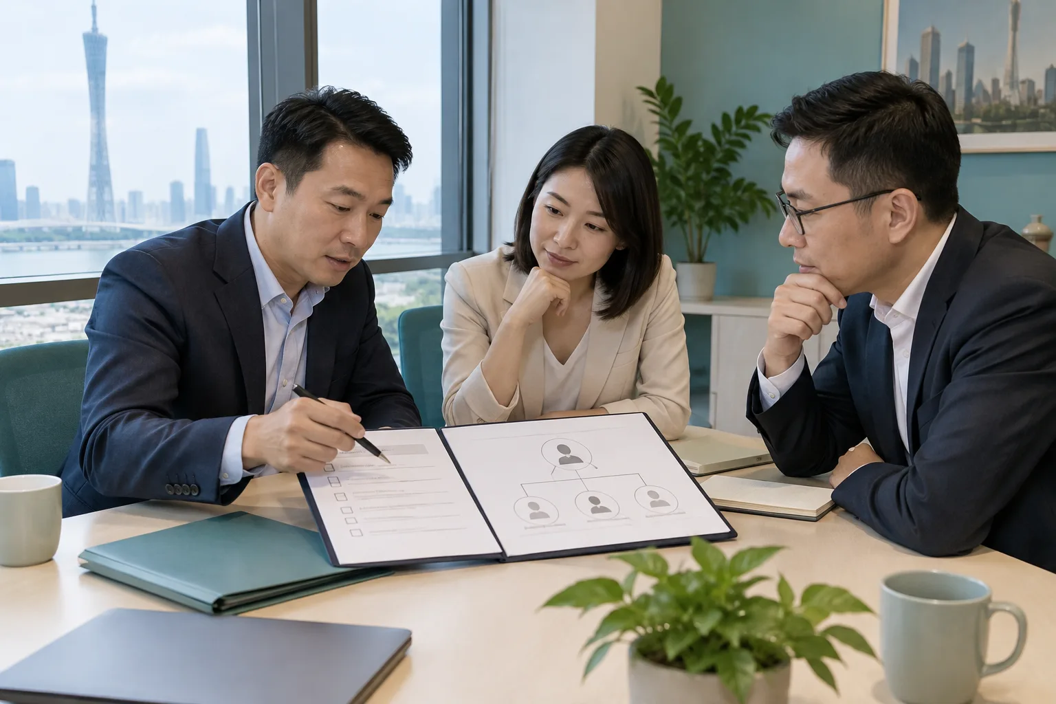 企业相关人员共同核对公司变更安排与材料的场景
