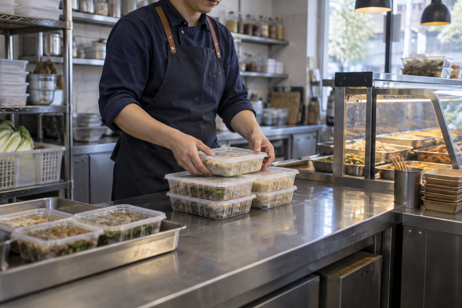食品经营者整理包装食品和经营台面的示意场景