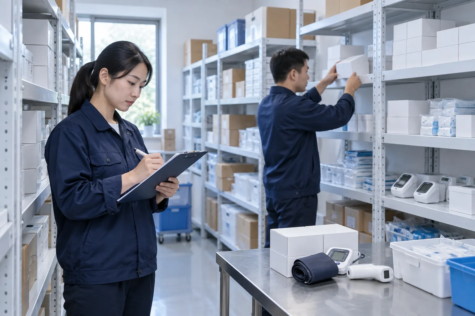 企业工作人员整理器械经营场景中的产品与仓储资料