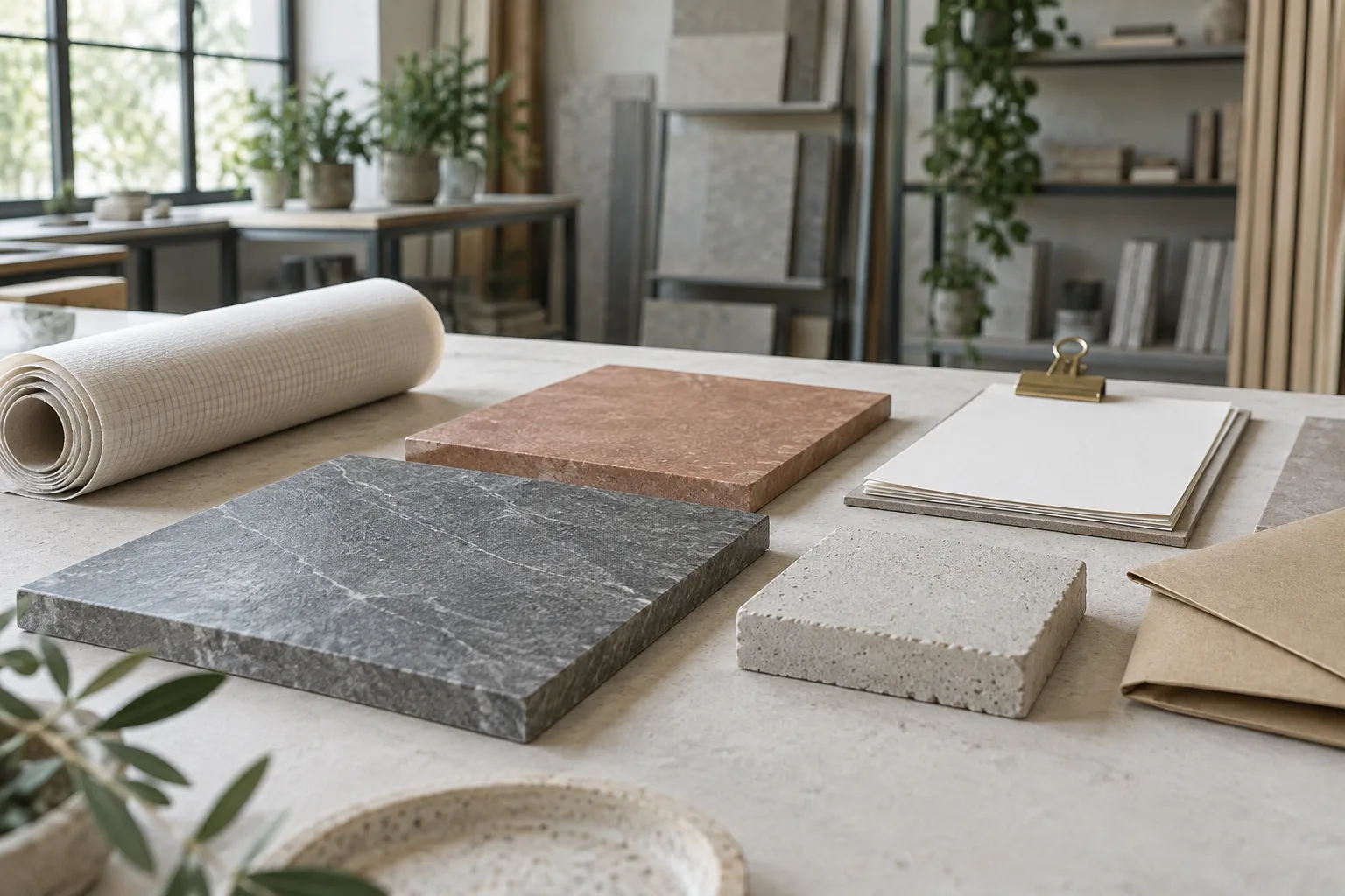 建材样品、订单纸张与交付资料的场景示意